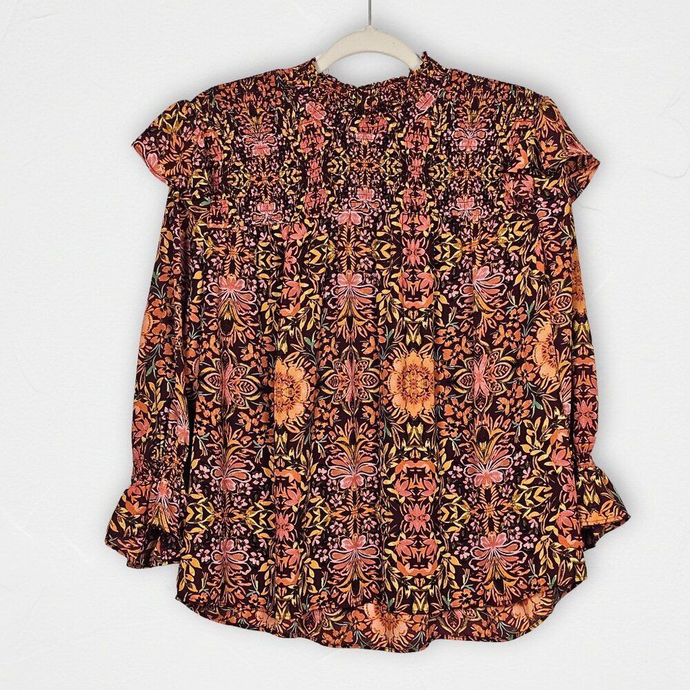 Cato Floral Smocked Mock Neck Blouse L Boho Long Sleeve Burgundy Orange